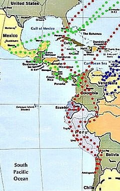 SOUTH AMERICA 1975 -red point line- with a backpack_Jochen A. H�bener